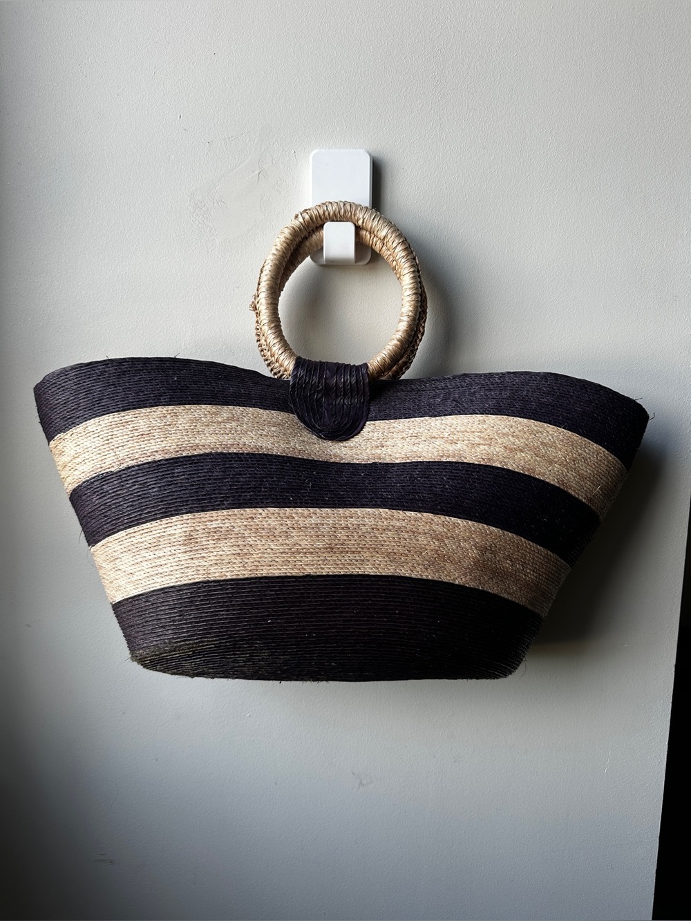 Handmade Mexican Palm Leaf Striped Beach Tote Bag Oversized Woven Market Bag